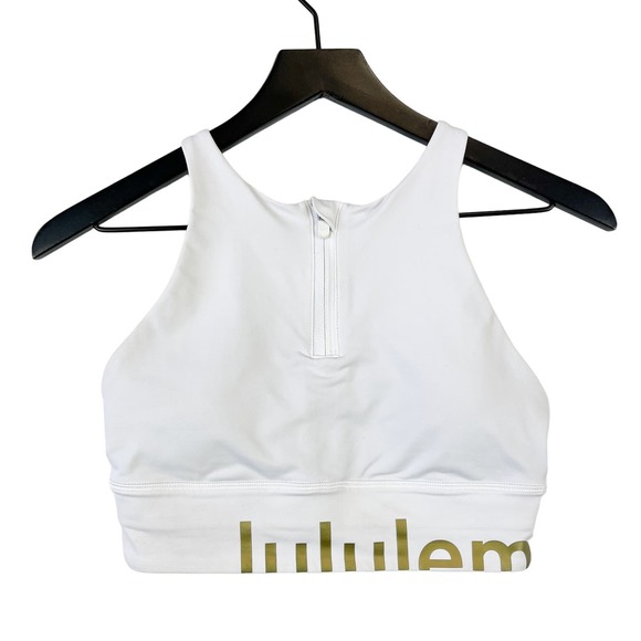 Lululemon (6) High Neck Gold Logo Zipper Energy Sports Bra Long Line White - Picture 1 of 7